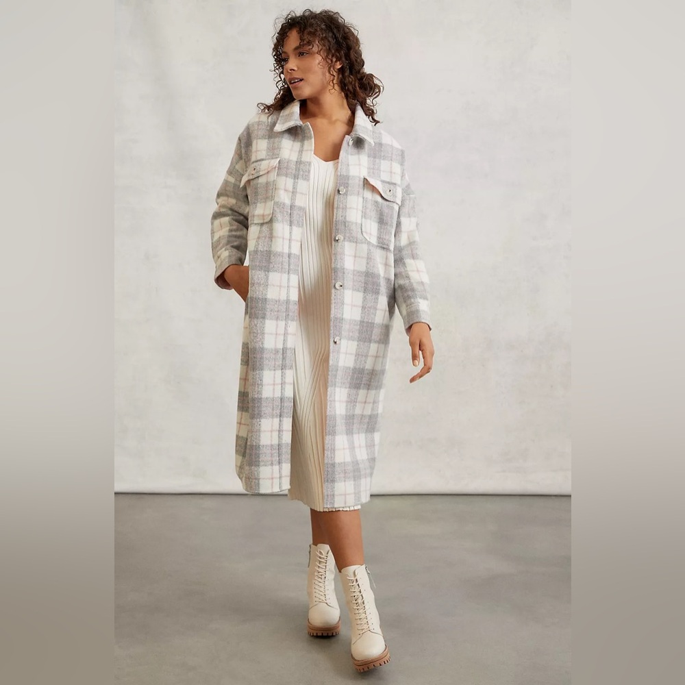 Anthropologie || If By Sea Bobbie Plaid Shirt Jacket Shacket Gray Pink Large